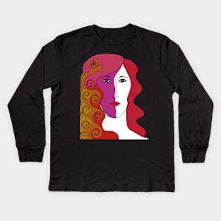 Woman's Face with Red, Pink and Orange Colored Hair Kids Long Sleeve T-Shirt